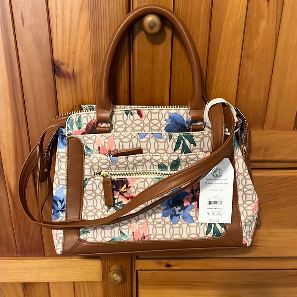Time and Tru Brown and Cream Satchel with Travel Print